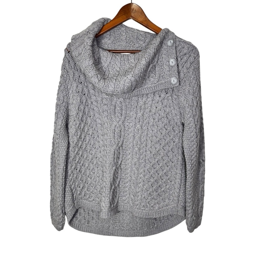 Aran Mor Cowl Button Neck Merino Wool Cable Knit Grey Sweater Size Medium NWT